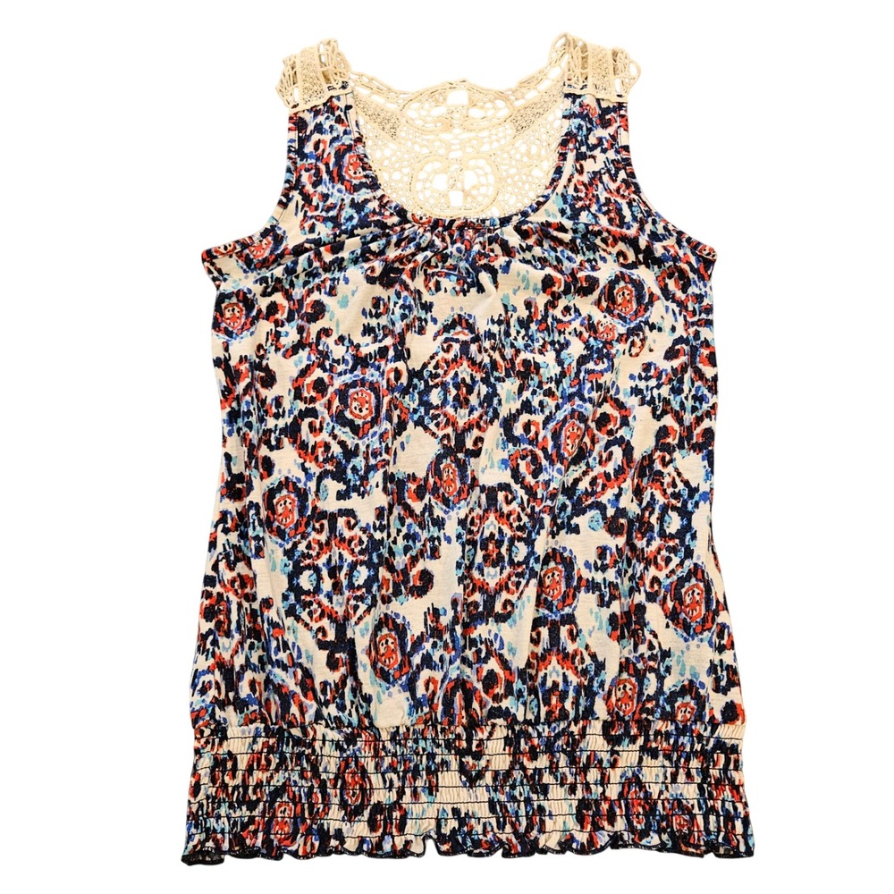 Red Camel Medallion Print Crochet Lace Back Smocked Hem Tank Top Small